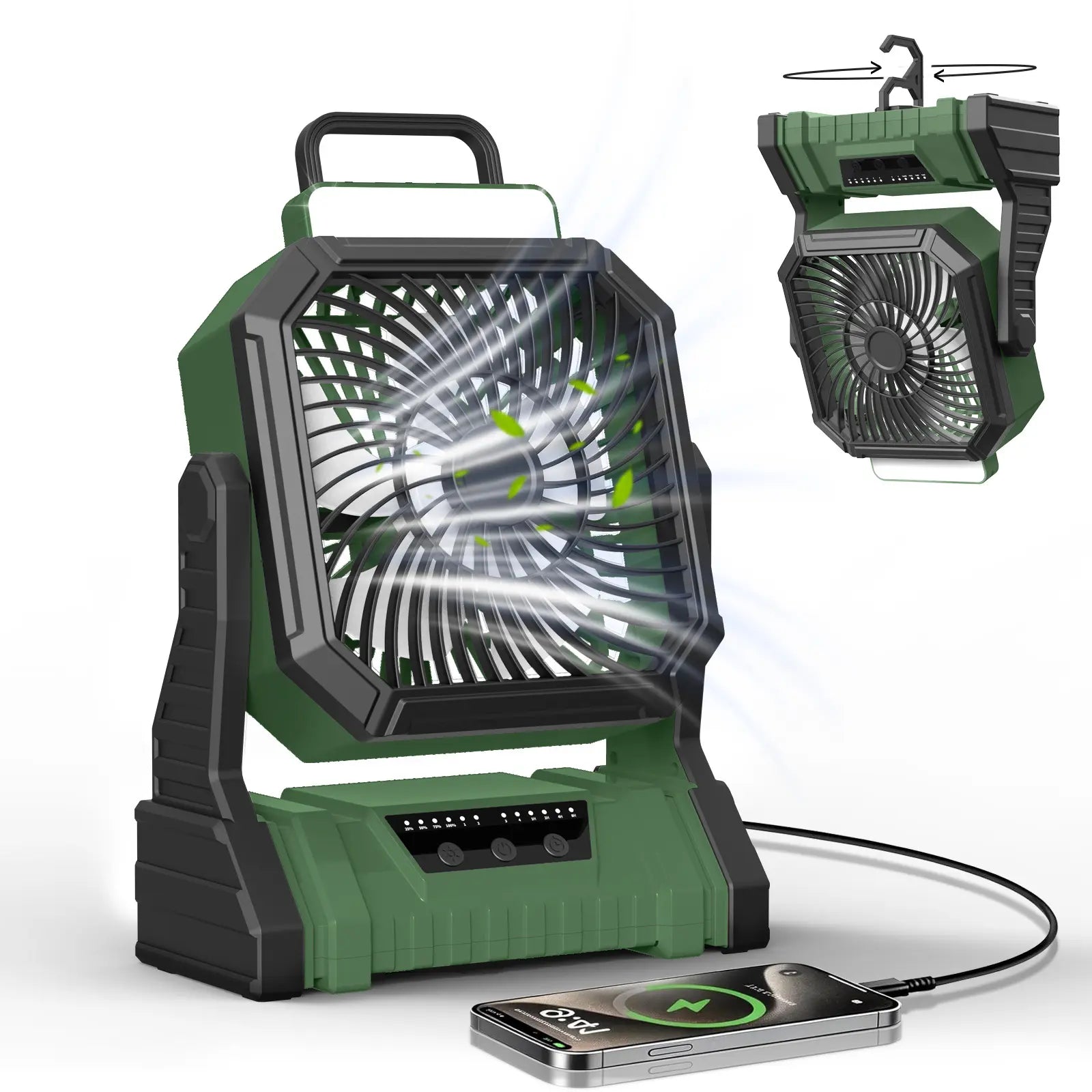 NEW 20000Mah Camping Fan with LED Lantern, Rechargeable Battery Powered Oscillating Fan with Hook and Emergency Light, Portable Tent Fan with Timer, 4 Speeds, Suitable for Outdoor Camping RV Power Outage, Orange, Green