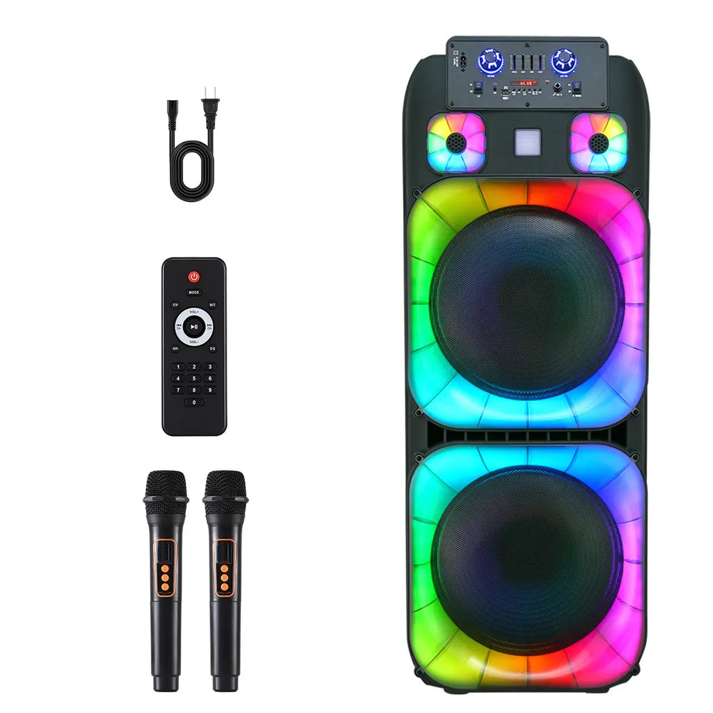 Portable Bluetooth PA Speaker System High Power Dual 15" Speakers Wireless Rechargeable Two Wireless Micrphone Remote Control Colorful LED Party Light Stereo Audio Soundbox DJ