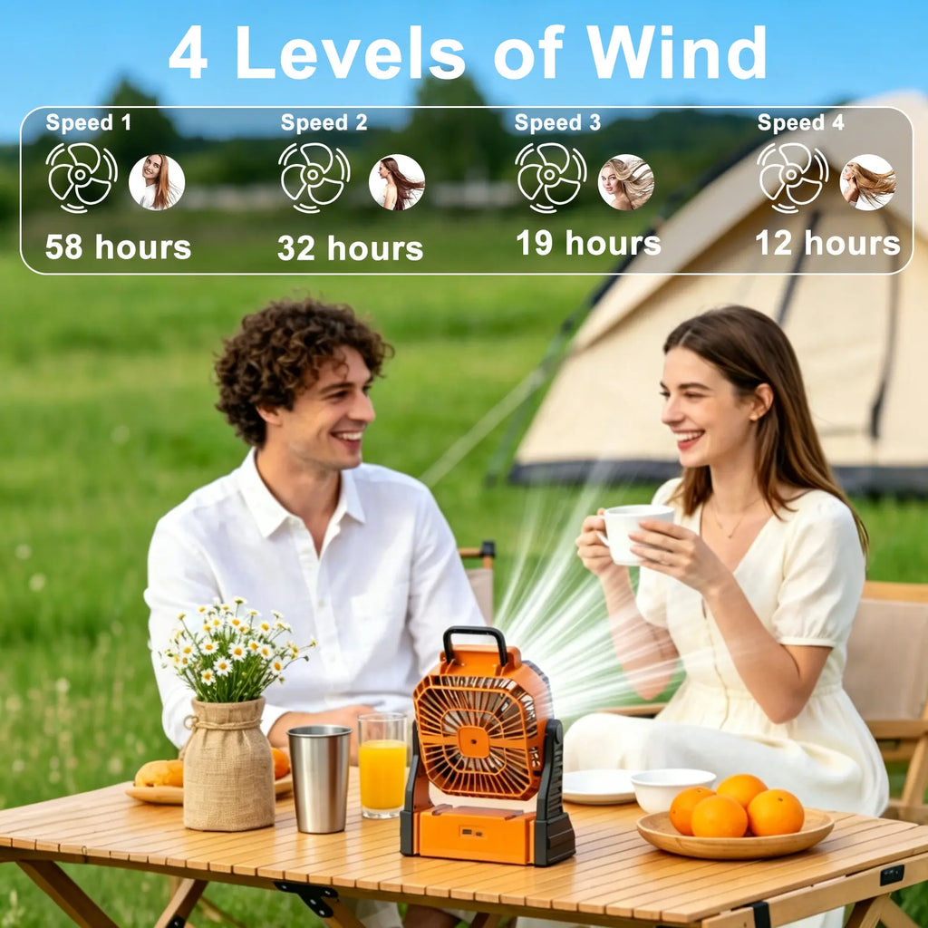 NEW 20000Mah Camping Fan with LED Lantern, Rechargeable Battery Powered Oscillating Fan with Hook and Emergency Light, Portable Tent Fan with Timer, 4 Speeds, Suitable for Outdoor Camping RV Power Outage, Orange, Green