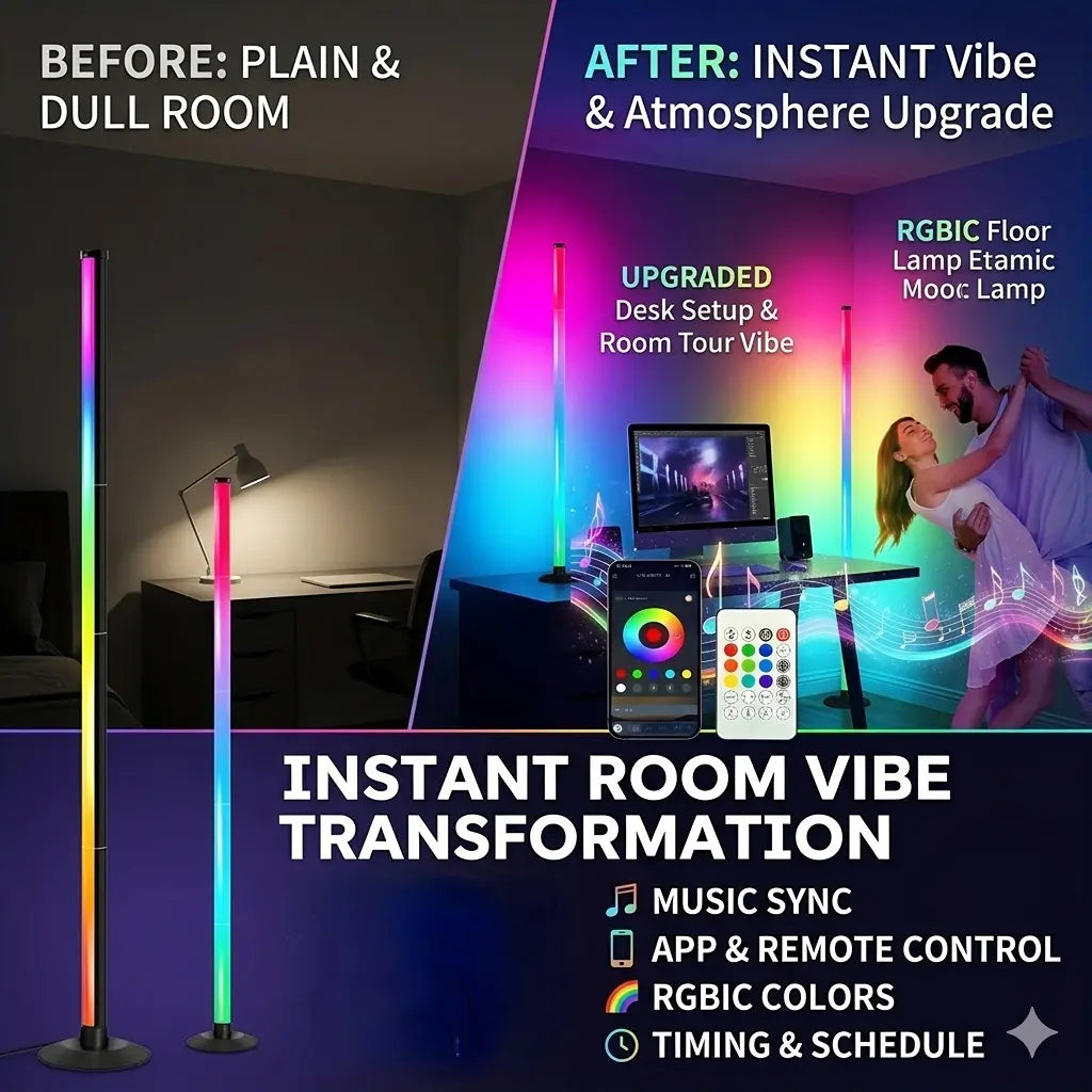 Modern RGB Corner Floor Lamp , Smart App & Remote Control, Space-Saving Ambient LED Light for Bedroom, Living Room & Gaming Setup