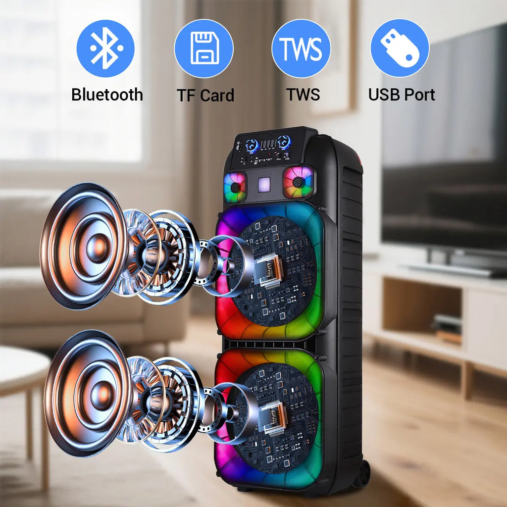Portable Bluetooth PA Speaker System High Power Dual 15" Speakers Wireless Rechargeable Two Wireless Micrphone Remote Control Colorful LED Party Light Stereo Audio Soundbox DJ