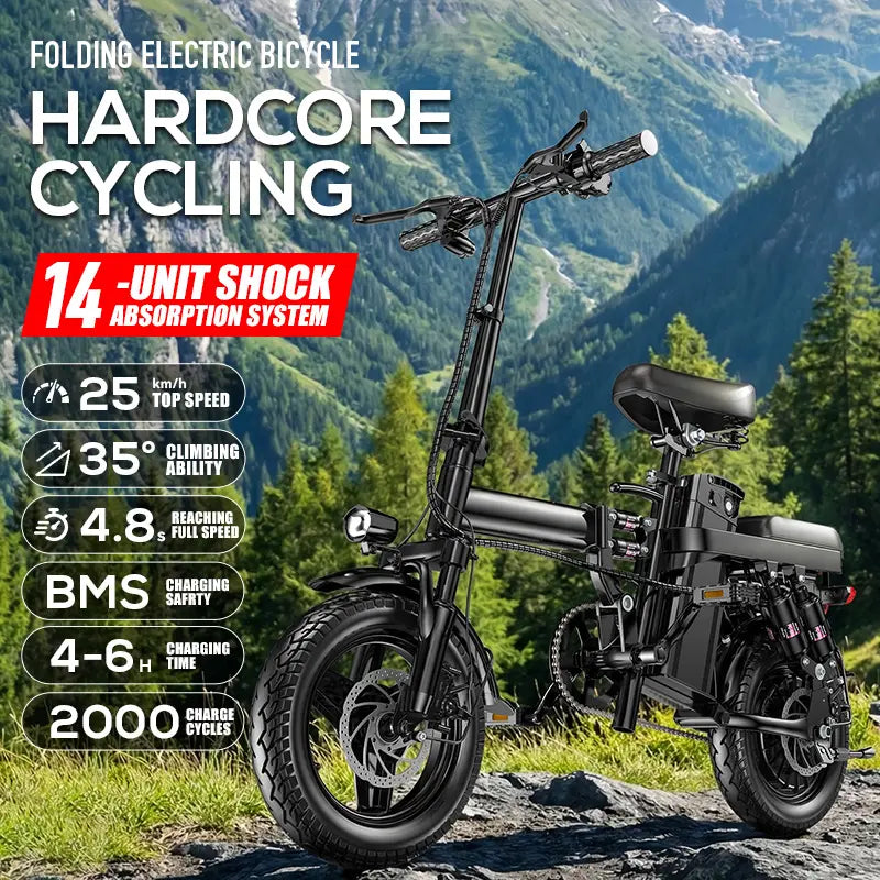 Folding Electric Bicycle (Ebike) with 500W Motor, 48V 15Ah Battery, 14-Level Shock Absorption, 45Km Range, Dual Disc Brakes, UL2849 Certification for Hardcore Outdoor Cycling, Smart Features, Ebikes