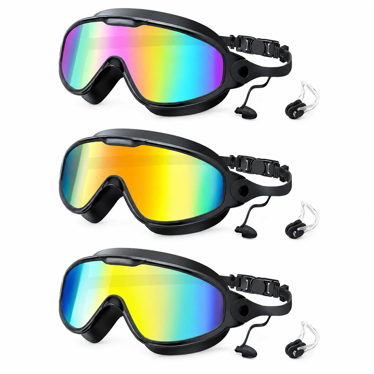3/2Pack Adult Swim Goggles, Wide View UV400 Anti-Fog Leakproof Swimming Glasses with Nose Clips, Unisex for Outdoor Water Sports,Summervibes Outdoorfun