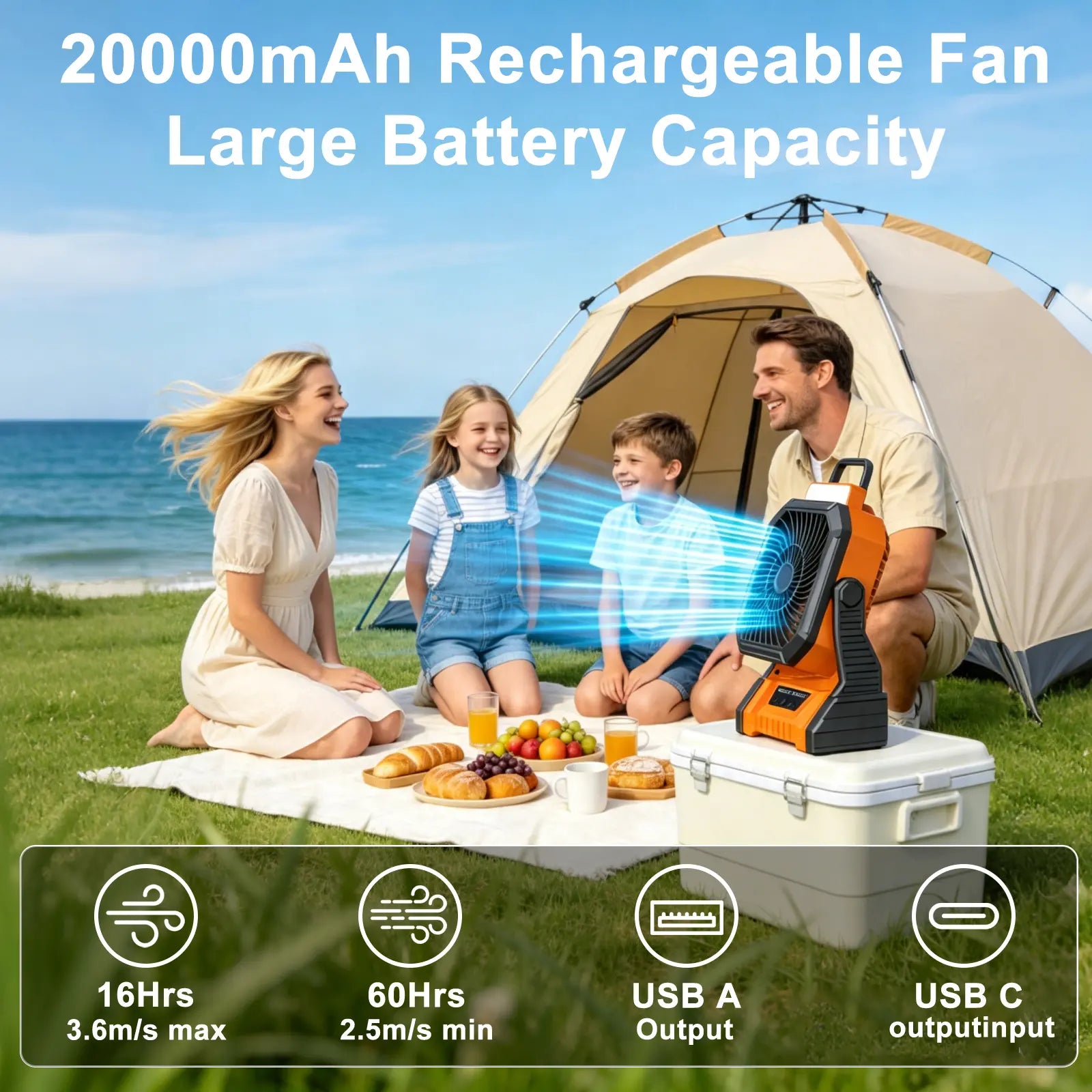NEW 20000Mah Camping Fan with LED Lantern, Rechargeable Battery Powered Oscillating Fan with Hook and Emergency Light, Portable Tent Fan with Timer, 4 Speeds, Suitable for Outdoor Camping RV Power Outage, Orange, Green