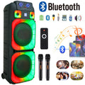 Portable Bluetooth PA Speaker System High Power Dual 15" Speakers Wireless Rechargeable Two Wireless Micrphone Remote Control Colorful LED Party Light Stereo Audio Soundbox DJ