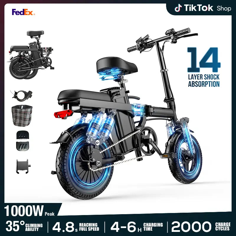 Folding Electric Bicycle (Ebike) with 500W Motor, 48V 15Ah Battery, 14-Level Shock Absorption, 45Km Range, Dual Disc Brakes, UL2849 Certification for Hardcore Outdoor Cycling, Smart Features, Ebikes