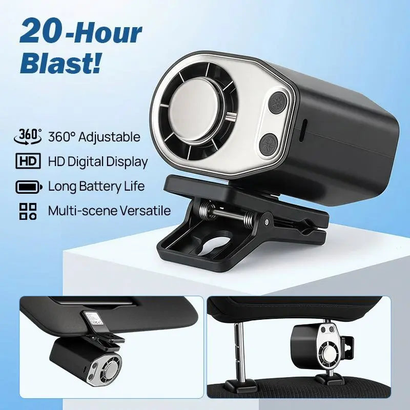 【Father'S Day Gift】Joytutus Car Clip-On Fan, Car Accessories, Portable Fan with LED Display, 360° Rotation, 100-Speed Stepless Adjustment, Usb-Rechargeable Charging Button , Cars Accessories