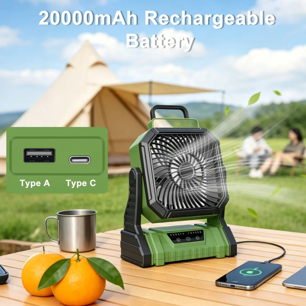 NEW 20000Mah Camping Fan with LED Lantern, Rechargeable Battery Powered Oscillating Fan with Hook and Emergency Light, Portable Tent Fan with Timer, 4 Speeds, Suitable for Outdoor Camping RV Power Outage, Orange, Green
