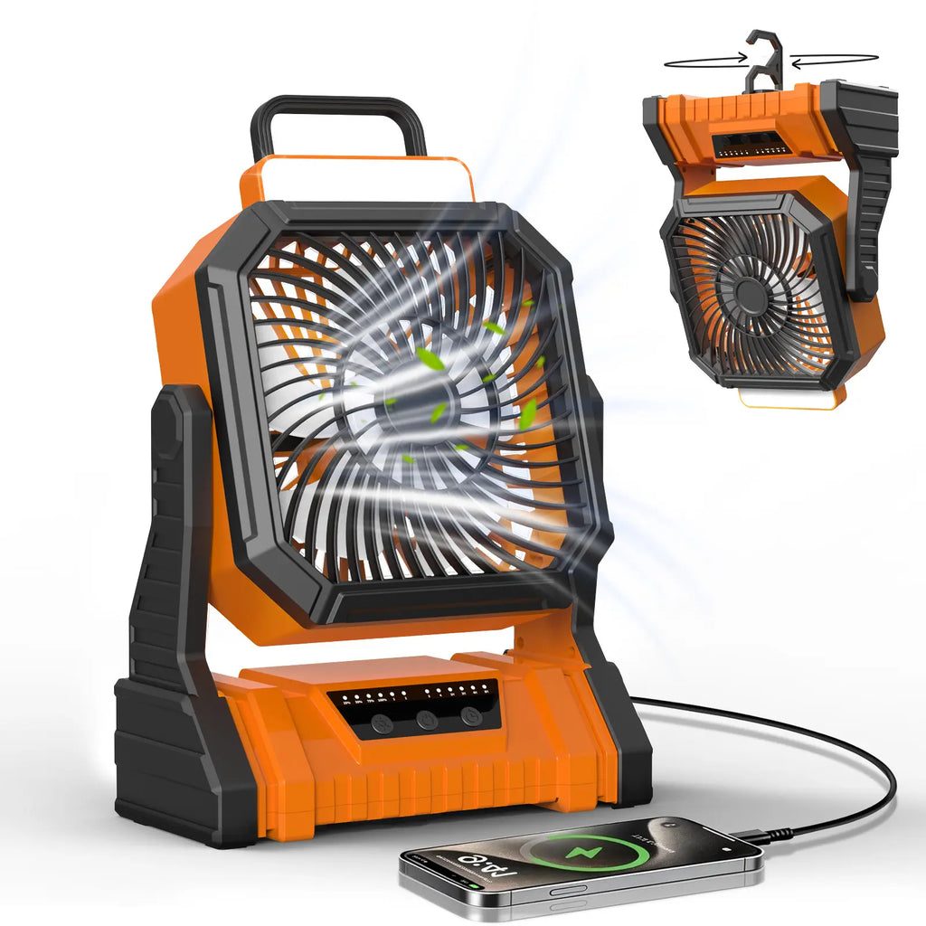 NEW 20000Mah Camping Fan with LED Lantern, Rechargeable Battery Powered Oscillating Fan with Hook and Emergency Light, Portable Tent Fan with Timer, 4 Speeds, Suitable for Outdoor Camping RV Power Outage, Orange, Green
