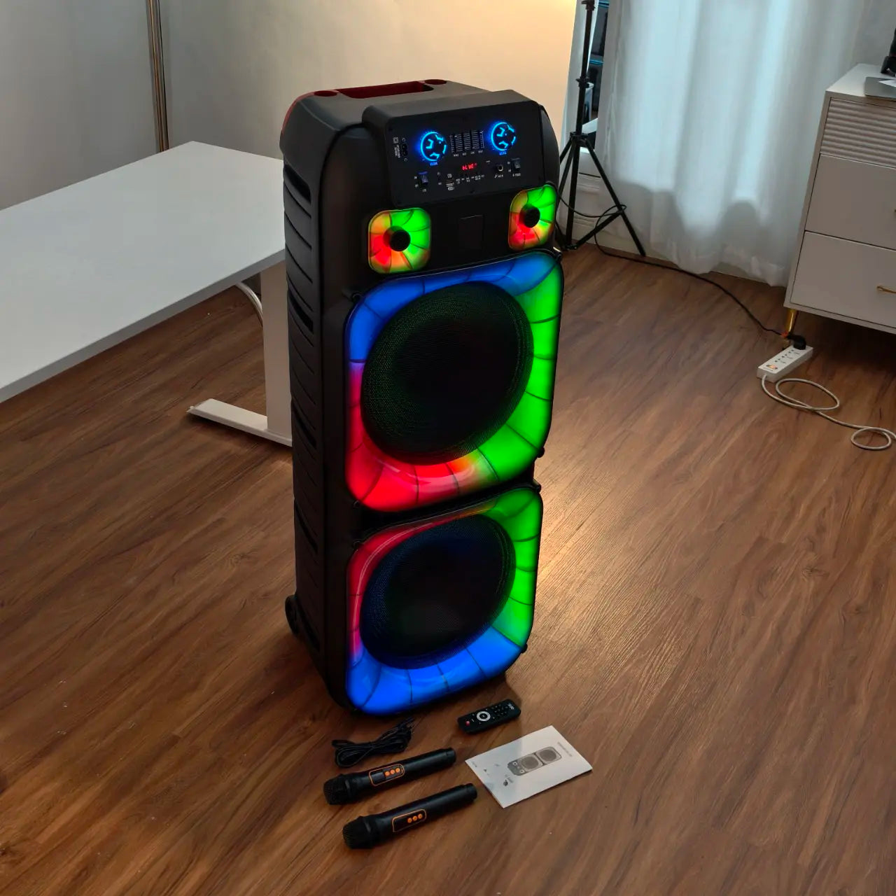 Portable Bluetooth PA Speaker System High Power Dual 15" Speakers Wireless Rechargeable Two Wireless Micrphone Remote Control Colorful LED Party Light Stereo Audio Soundbox DJ
