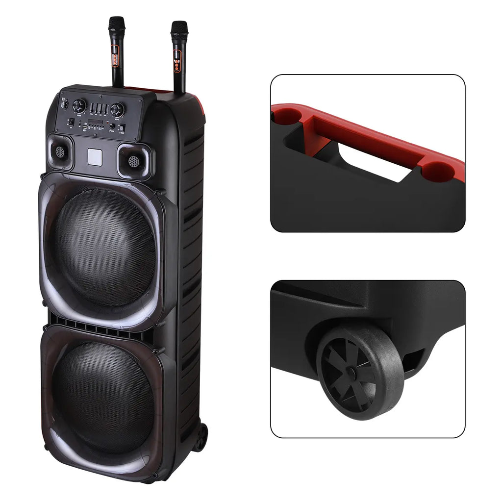 Portable Bluetooth PA Speaker System High Power Dual 15" Speakers Wireless Rechargeable Two Wireless Micrphone Remote Control Colorful LED Party Light Stereo Audio Soundbox DJ