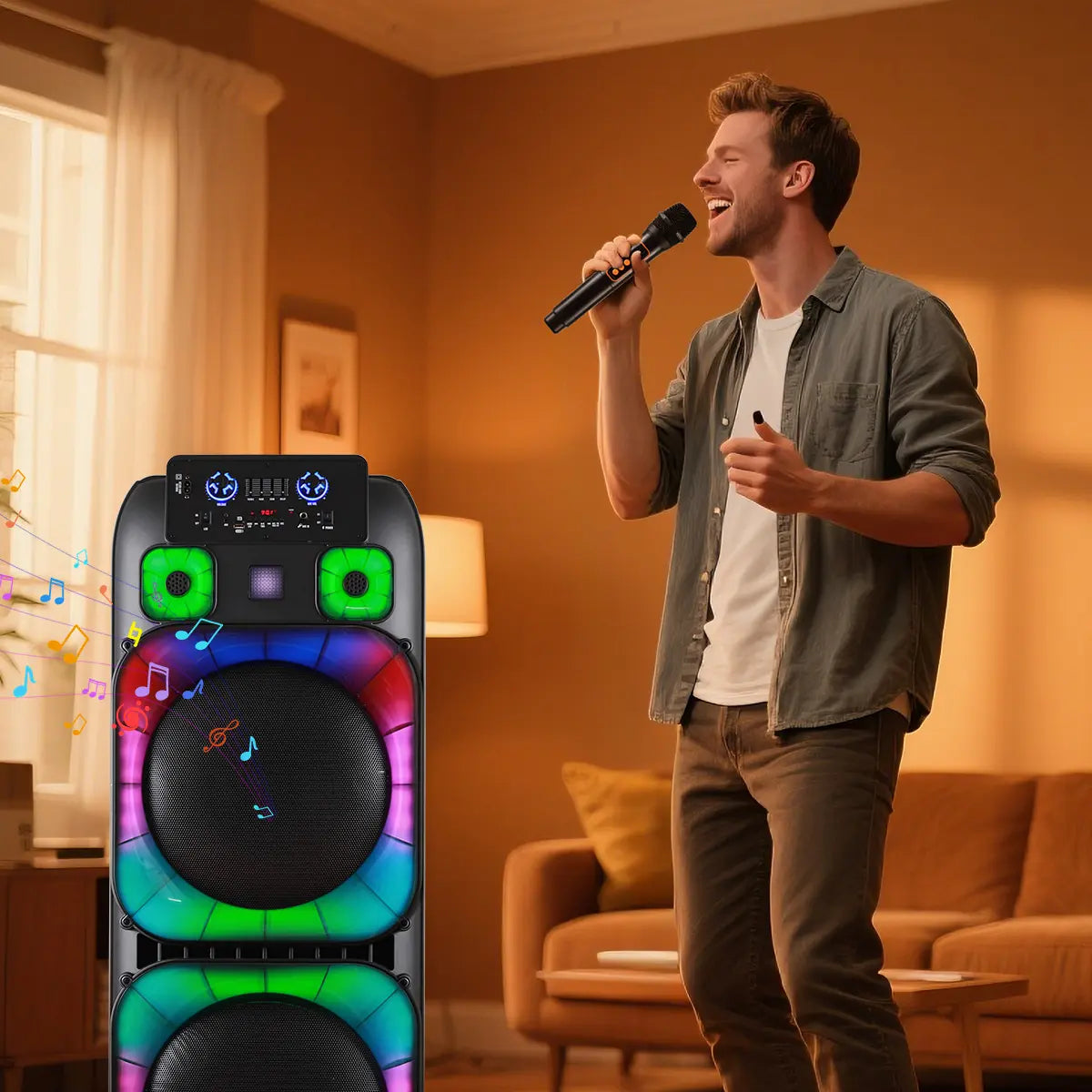 Portable Bluetooth PA Speaker System High Power Dual 15" Speakers Wireless Rechargeable Two Wireless Micrphone Remote Control Colorful LED Party Light Stereo Audio Soundbox DJ