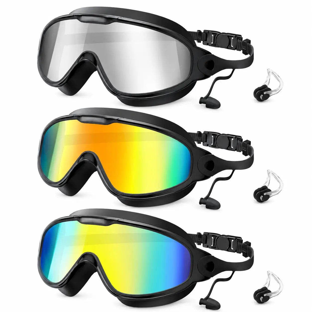 3/2Pack Adult Swim Goggles, Wide View UV400 Anti-Fog Leakproof Swimming Glasses with Nose Clips, Unisex for Outdoor Water Sports,Summervibes Outdoorfun