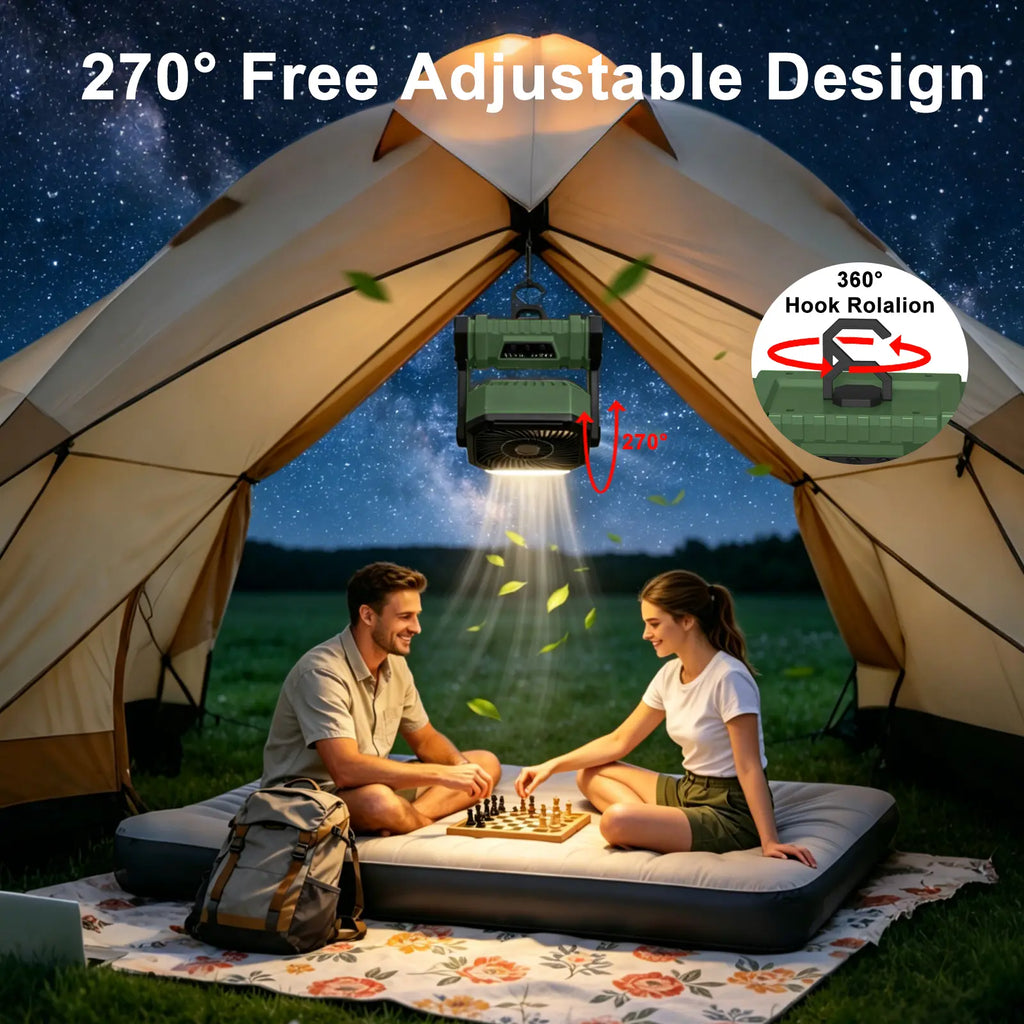 NEW 20000Mah Camping Fan with LED Lantern, Rechargeable Battery Powered Oscillating Fan with Hook and Emergency Light, Portable Tent Fan with Timer, 4 Speeds, Suitable for Outdoor Camping RV Power Outage, Orange, Green