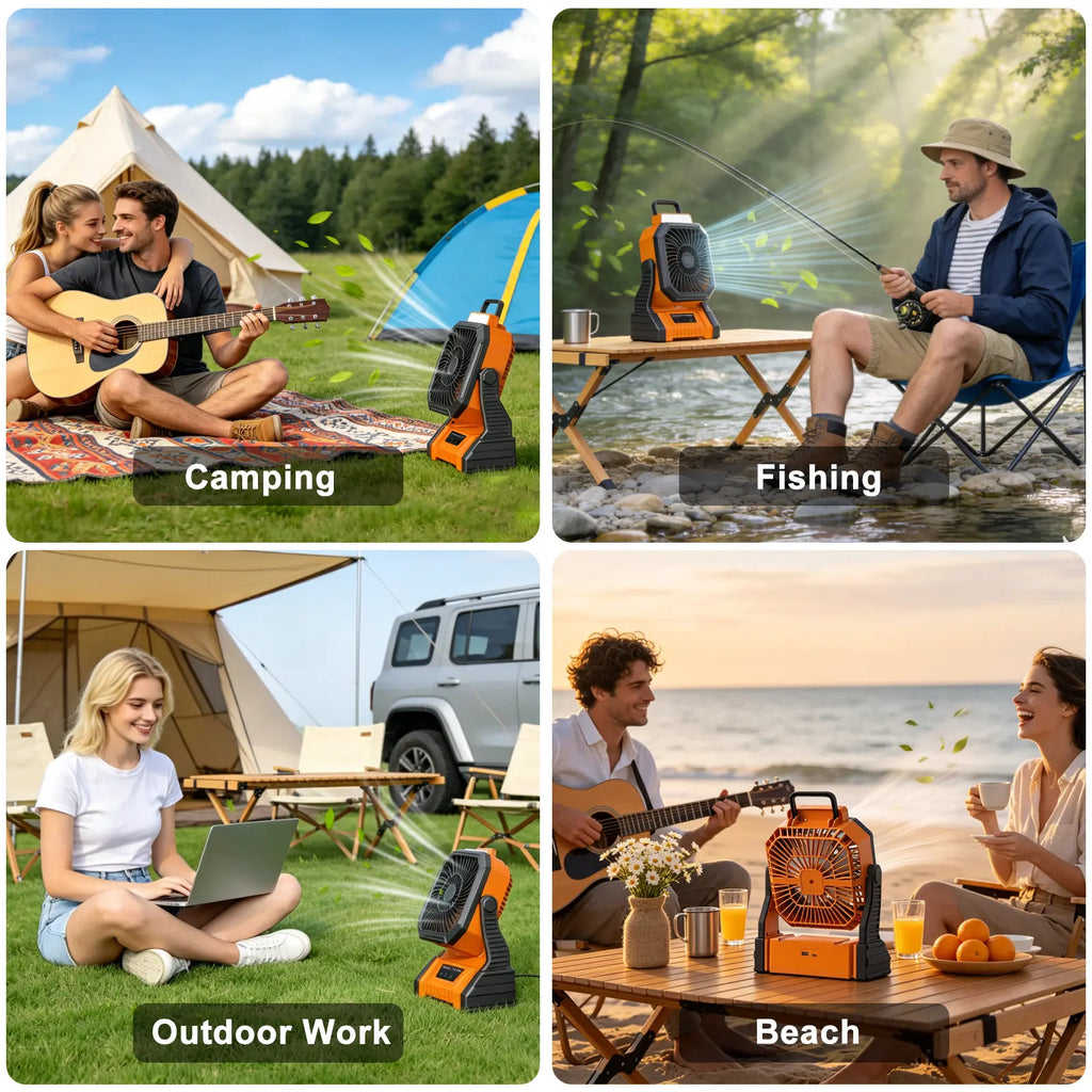 NEW 20000Mah Camping Fan with LED Lantern, Rechargeable Battery Powered Oscillating Fan with Hook and Emergency Light, Portable Tent Fan with Timer, 4 Speeds, Suitable for Outdoor Camping RV Power Outage, Orange, Green