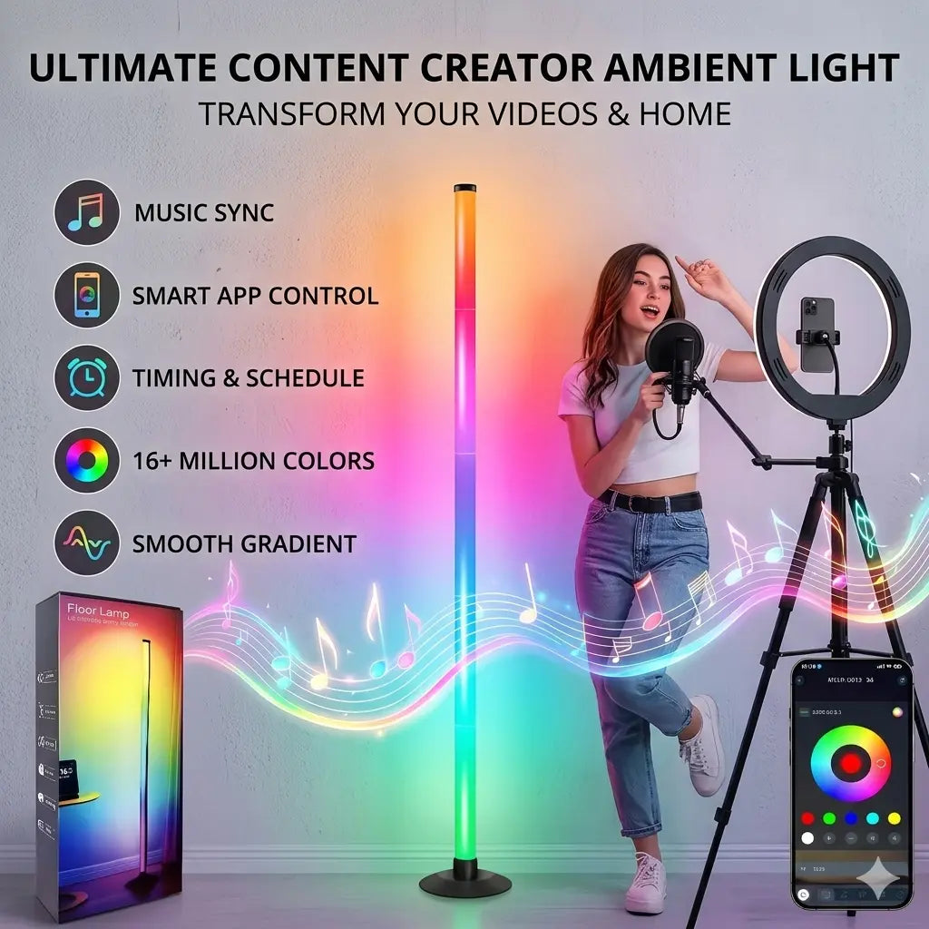 Modern RGB Corner Floor Lamp , Smart App & Remote Control, Space-Saving Ambient LED Light for Bedroom, Living Room & Gaming Setup