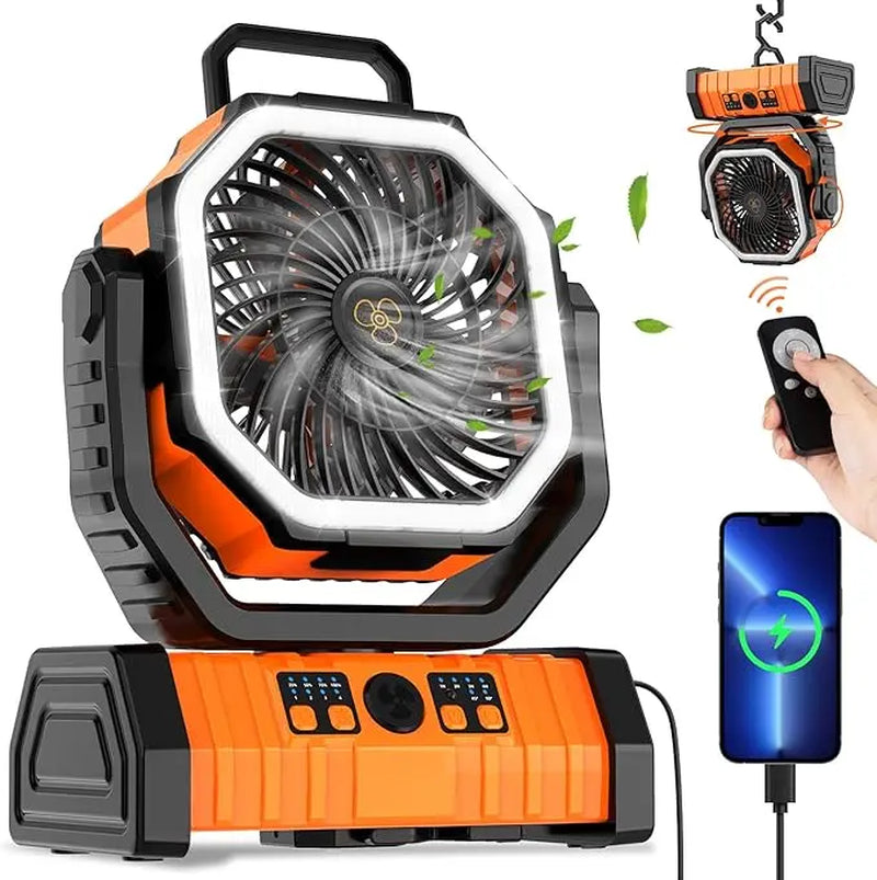 NEW 20000Mah Camping Fan with LED Lantern, Rechargeable Battery Powered Oscillating Fan with Hook and Emergency Light, Portable Tent Fan with Timer, 4 Speeds, Suitable for Outdoor Camping RV Power Outage, Orange, Green