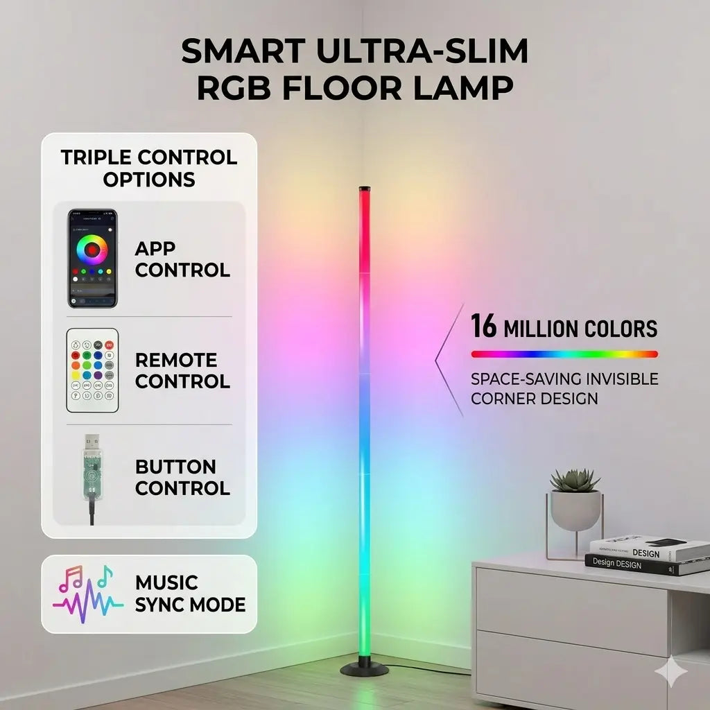 RGB Corner Floor Lamp with Music Sync, Smart LED Ambient Light with App & Remote Control for Bedroom, Gaming Room & Living Room Decor