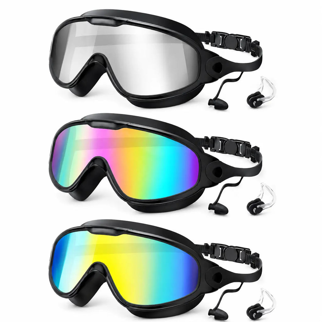 3/2Pack Adult Swim Goggles, Wide View UV400 Anti-Fog Leakproof Swimming Glasses with Nose Clips, Unisex for Outdoor Water Sports,Summervibes Outdoorfun
