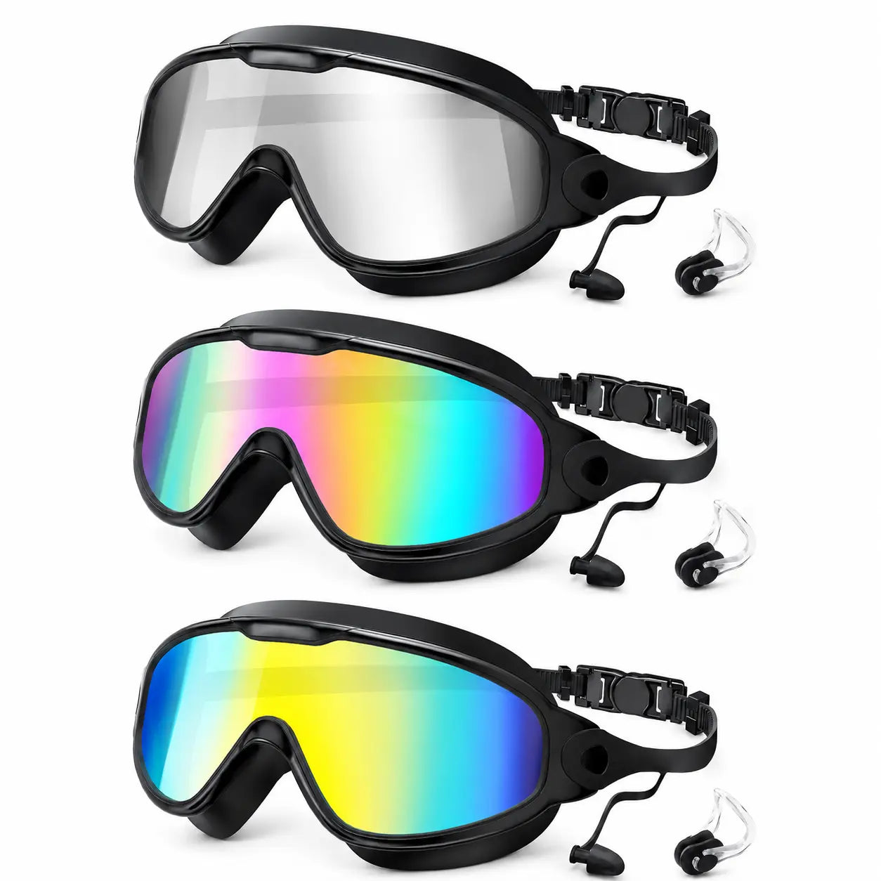 3/2Pack Adult Swim Goggles, Wide View UV400 Anti-Fog Leakproof Swimming Glasses with Nose Clips, Unisex for Outdoor Water Sports,Summervibes Outdoorfun