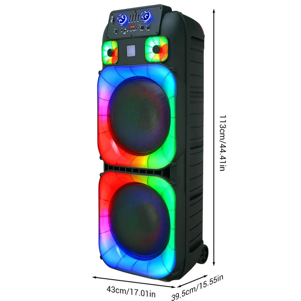 Portable Bluetooth PA Speaker System High Power Dual 15" Speakers Wireless Rechargeable Two Wireless Micrphone Remote Control Colorful LED Party Light Stereo Audio Soundbox DJ
